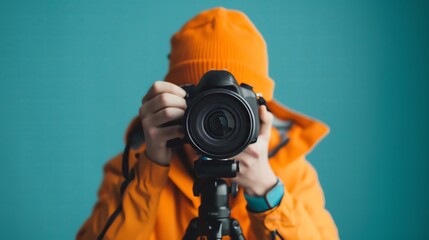 Obraz premium A photographer dressed in an orange jacket captures stunning images using a professional camera on a tripod.