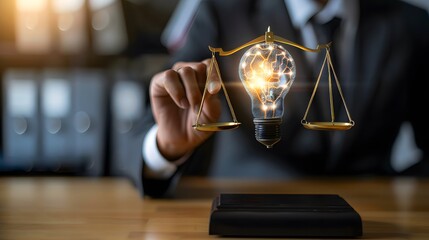 intellectual property ethical concept with businessman holding balance justice to encourage ai user no patent infringement and copy right of human artist in business activity