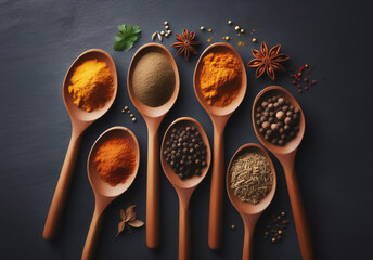 Gewürze in verschhiedenen Farben in Löffeln dekoriert