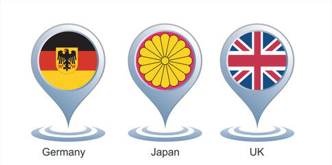 germany Japan United Kingdom, 3D Realistic Location map pin gps pointer markers vector illustration for destination.