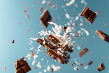 Fototapeta premium Delicious milk chocolate pieces and coconut flakes flying on light blue background