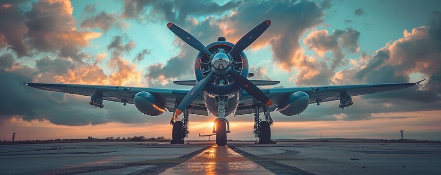 A stunning wide-angle view of a vintage WW2 era propeller plane parked on a runway during a serene sunset, with dramatic clouds in the background