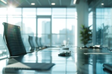 A wooden conference table with a remote control placed in the center, ideal for presentations and meetings