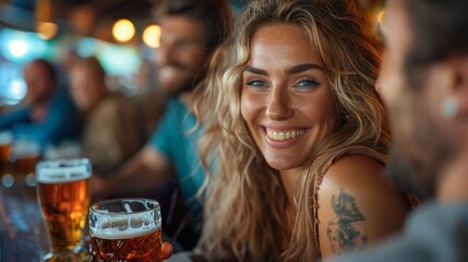 Blonde Woman Smiles at Man While Holding a Beer at a Bar