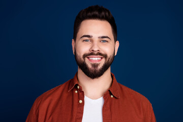 Photo of attractive handsome groomed man wear trendy clothes isolated on dark blue color background