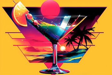Exotic alcohol cocktail in neon colors on dark background. Summer party in bar or restaurant. Vaporwave, synthwave, 80s or 90s style. Creative retro illustration for design banner, poster, invitation
