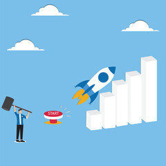 Fototapeta premium Boost rocket to business growing fast, investment growth, start or launch new business, innovation to boost success, rising up and improvement concept, businessman on growth chart launching rocket