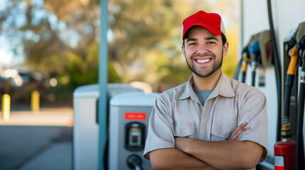 Obraz premium Fuel station attendant arms crossed