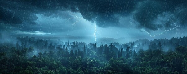 Heavy rain and thunderstorm over a dense forest, lightning striking in the distance, intense and wild, forest storm