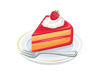 Raspberry cake with whipped cream vector illustration. Piece of cake on a plate icon vector isolated on a white background. Slice of raspberry cake drawing