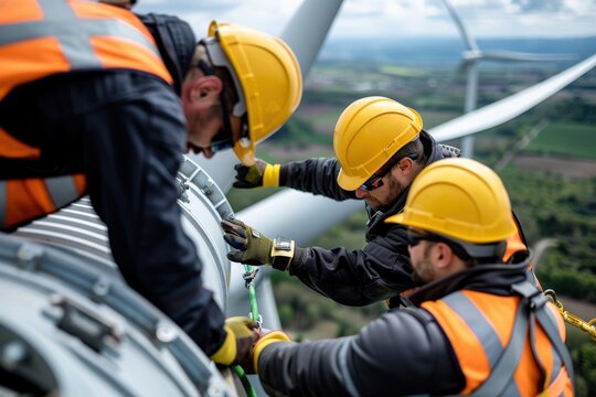 Group of construction workers wearing safety gear working on a wind turbine, showcasing teamwork and modern industrial practices in renewable energy projects.