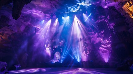 Crystal cave concert stage with shimmering light reflections