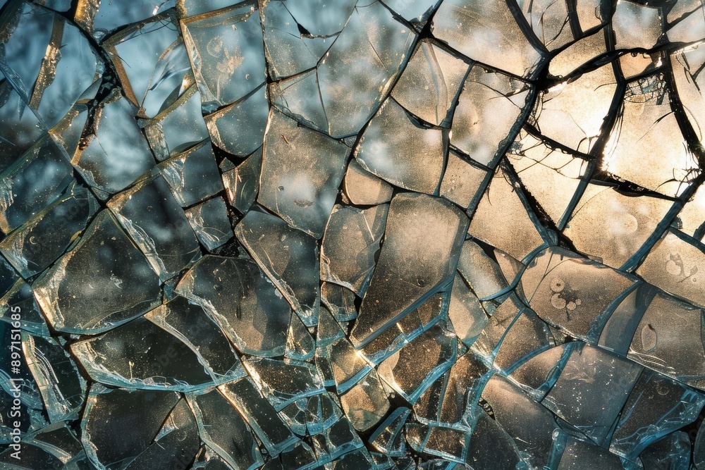 Poster broken glass is reflecting the blue sky and tree branches, creating an abstract pattern