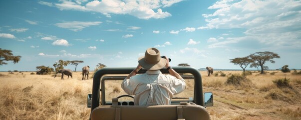 Fototapeta premium A ranger on a safari in Africa observes a herd of elephants in their natural habitat, sitting in an off-road vehicle under the shade of an acacia tree, capturing the moment