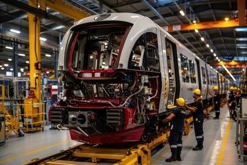 Fototapeta premium Workers in a high-tech factory assemble a modern passenger train, showcasing advanced engineering and manufacturing processes in an industrial environment.