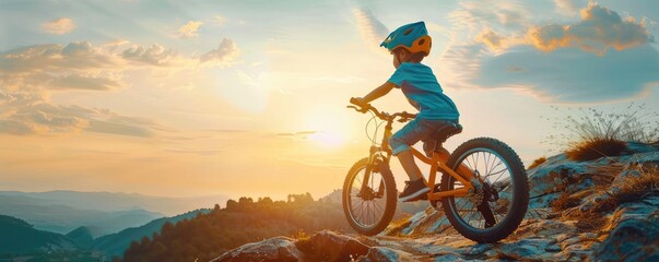 Obraz premium A young cyclist on a mountain bike enjoys a panoramic view of the sunset over rolling mountains, capturing the tranquility and beauty of nature during an outdoor adventure