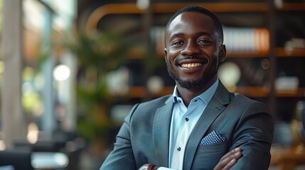Obraz premium Confident Black Businessman - Portrait of a smiling African American executive in a modern office. 