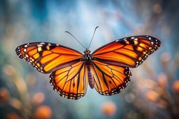Fototapeta premium Vibrant orange and black monarch butterfly spreads delicate wings, showcasing intricate details, against a transparent background, in mid-flight, with soft focus and natural lighting.