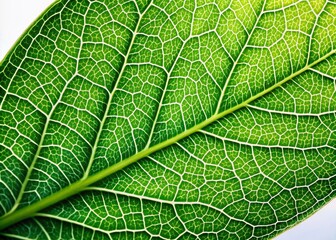 Obraz premium Vibrant green leaf with intricate network of veins illuminated against a clean and minimalistic white background, showcasing nature's intricate beauty in high definition.