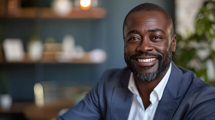 Obraz premium Confident Black Professional: A portrait of a charismatic Black man in a blue blazer, exuding success and approachability with a warm smile. 