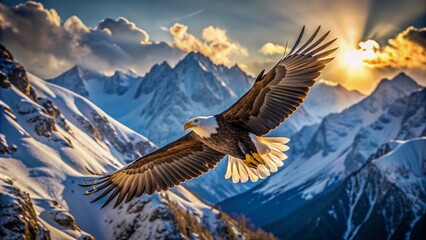 Obraz premium Soaring majestic bald eagle spreads wide wings, dramatic feathers glisten in sunlight, majestic bird silhouetted against rough, rugged, snow-capped mountain peaks in background.