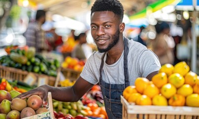 Obraz premium A smiling vendor is showcasing fresh tomatoes at a bustling outdoor market stall, capturing the freshness of the produce and the lively market atmosphere