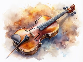 Fototapeta premium Delicate violin with wax strings that appear to be melting, surrounded by soft watercolor strokes, placed against a crisp white background, evoking a sense of elegance.
