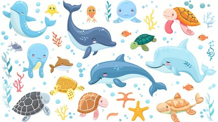 Obraz premium Cartoon sea creatures, including dolphins, turtles, jellyfish, fish, and coral.