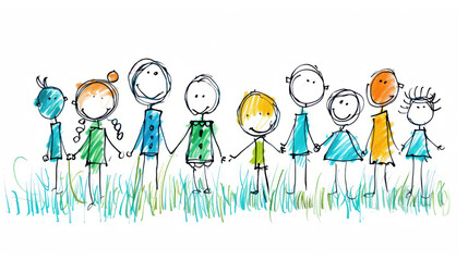 Fototapeta premium A colorful sketch of children holding hands and smiling while standing on grass, showcasing unity and friendship.