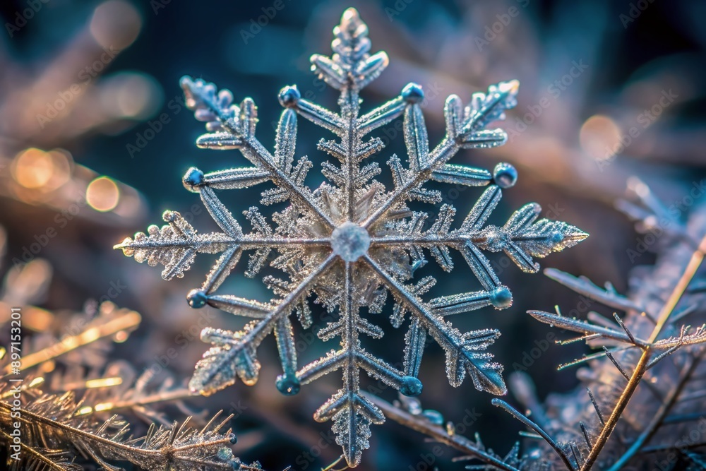 Poster delicate, intricate, and swirling patterns of a real snowflake's crystalline structure mesmerize in 