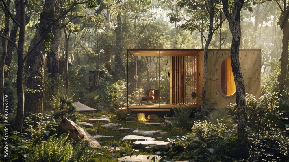Poster a modern cabin sits amidst a lush forest, with a stone path leading to its entrance. sunlight stream