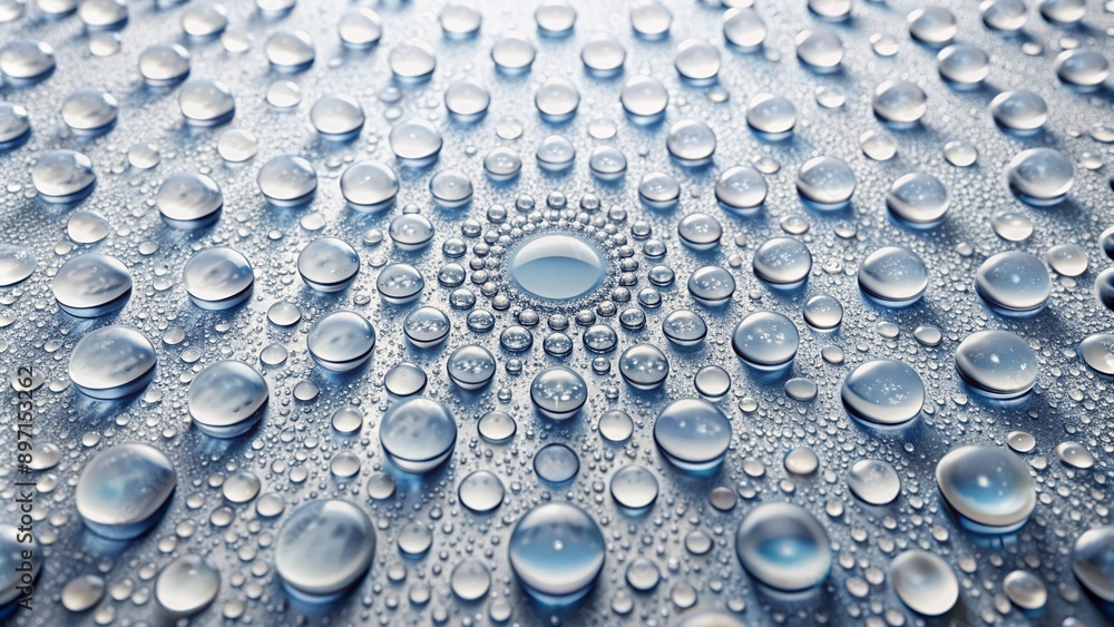 Poster intricate arrangement of scattered water droplets forms a mesmerizing pattern on a pristine white ba