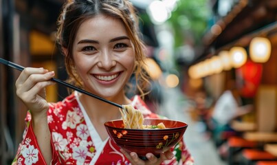 A cheerful woman enjoys a bowl of noodles at a bustling street market, with a backdrop filled with vibrant lights and energy, capturing the essence of street food culture
