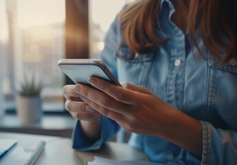 Close-Up of a Woman's Hands Using a Smartphone at Home, Representing Modern Technology and Digital Communication