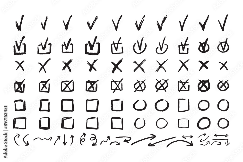 Poster check marks doodle black line element set, tick and a cross, empty thin box and arrow sign. grunge h