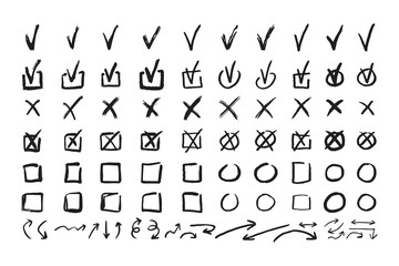 Check marks doodle black line element set, tick and a cross, empty thin box and arrow sign. Grunge hand drawn style