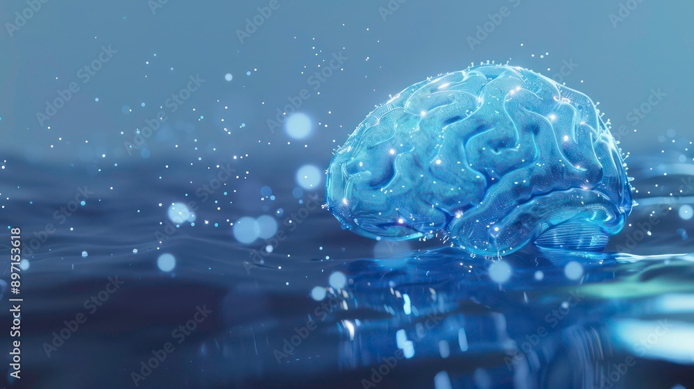 Poster a 3d rendering of a shiny, blue metallic brain submerged in water with droplets.