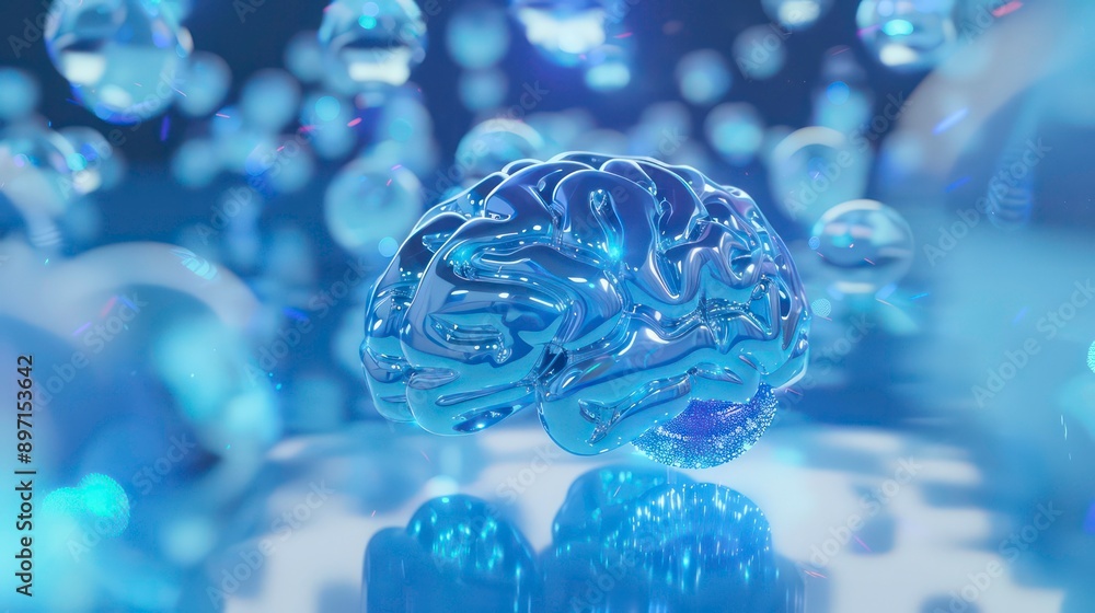 Aufkleber a 3d rendering of a shiny, blue metallic brain submerged in water with droplets.