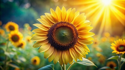 Obraz premium Vibrant yellow petals and dark centers of a freshly bloomed sunflower helianthus annuus shine brightly against a soft blurred green background in warm natural light.