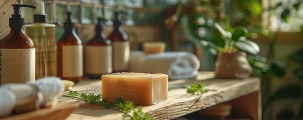Fototapeta premium Close-up of a zero-waste bathroom with reusable products like soap bars and cloth towels