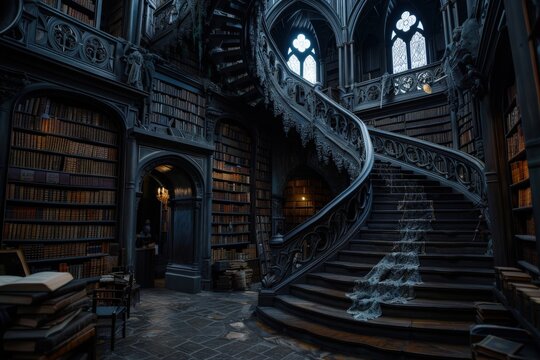 A hauntingly beautiful Gothic library is shown with a grand spiral staircase, cobwebs, and countless ancient books, evoking a sense of mystery and historical intrigue. - Powered by Adobe