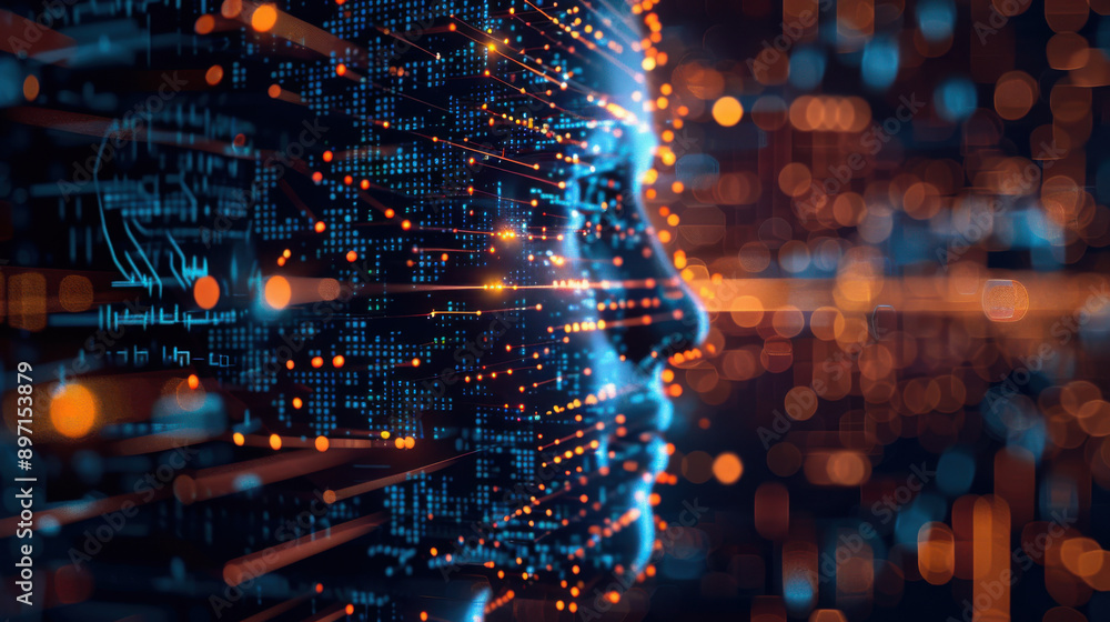 Poster digital face with data streams and neural connections, representing advanced ai technology and futur