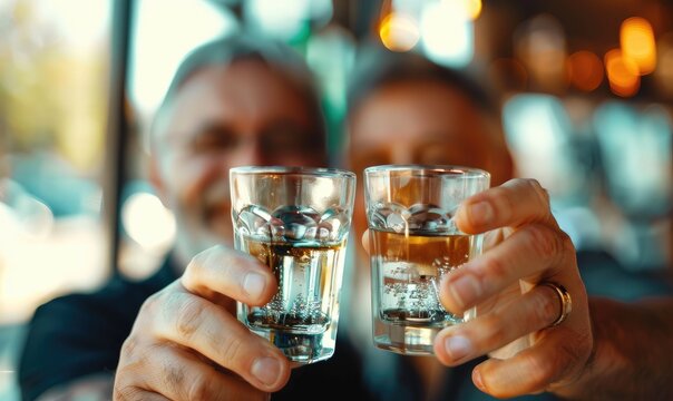 Two senior men raise their glasses in a cheerful toast outdoors in bright sunlight, emanating a sense of camaraderie, celebration, and joyful moments shared together.