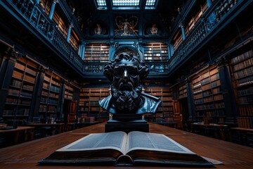 Fototapeta premium An ornate Gothic library is depicted with a prominent bust and an open book placed on a grand wooden table, highlighting the space's rich historical and scholarly significance.