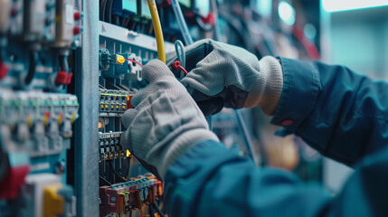 Fototapeta premium close up of electrician hands wearing gloves repairing electrical box 