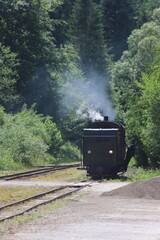 the locomotive of the Bieszczady Forest Railway arrives at the passenger pick-up point