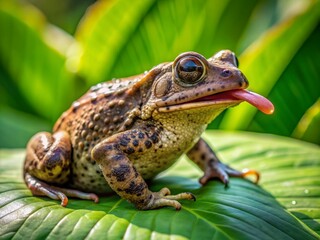 Fototapeta premium A camouflaged toad sits patiently on a lush green leaf, its long sticky tongue extended, awaiting unsuspecting flies in a sunny outdoor environment.