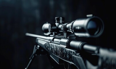 A detailed image of a precision rifle with a scope with dark background.