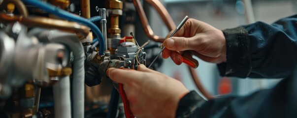 Obraz premium A technician focused on fixing or assembling machinery with intricate parts, showcasing manual proficiency.