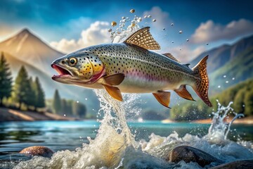 Fototapeta premium A majestic trout fish leaps out of the crystal-clear water, scales glistening, fins flapping, and water droplets suspended mid-air in a breathtaking, ultra-realistic capture.